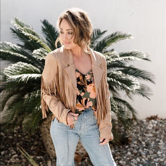 Fringe taupe tan jacket western Yellowstone boho style S M L Montana country - Picture 3 of 6